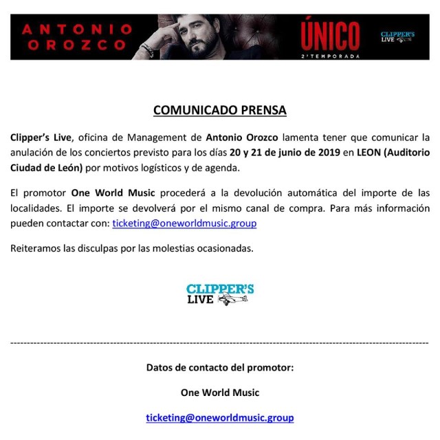Antonio Orozco cancela sus conciertos del 20 y 21 de junio en León 1