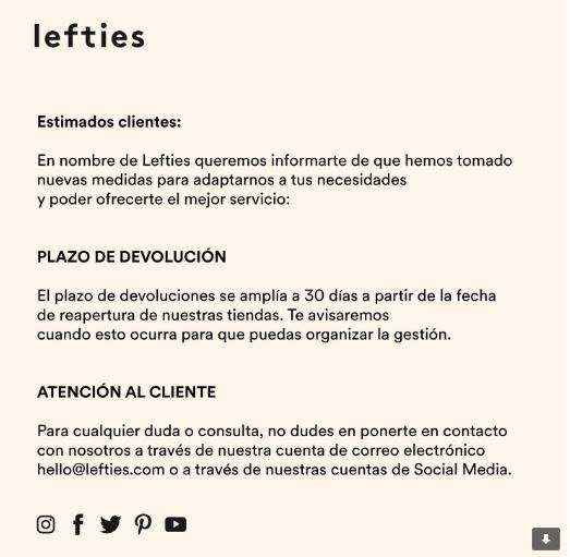 Lefties comunicado coronavirus