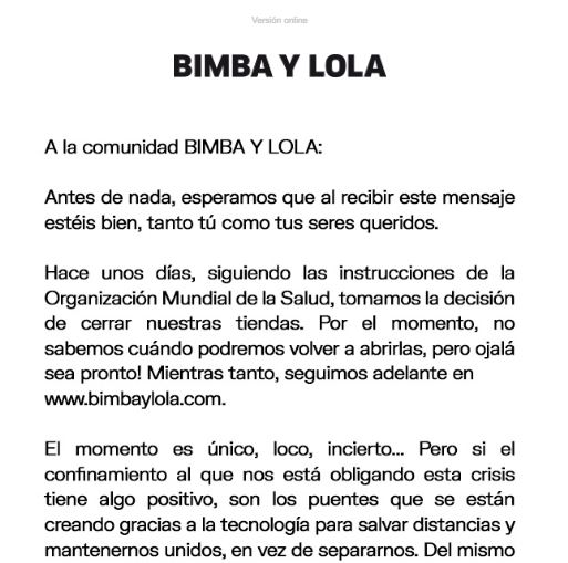 comunicado de bimba y lola a sus clientes