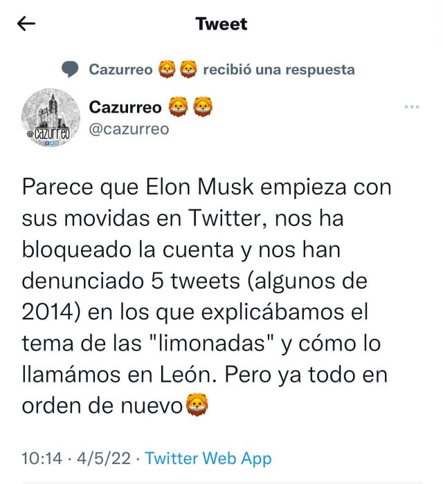 Elon Musk denuncia en Twitter varias cuentas de León 1