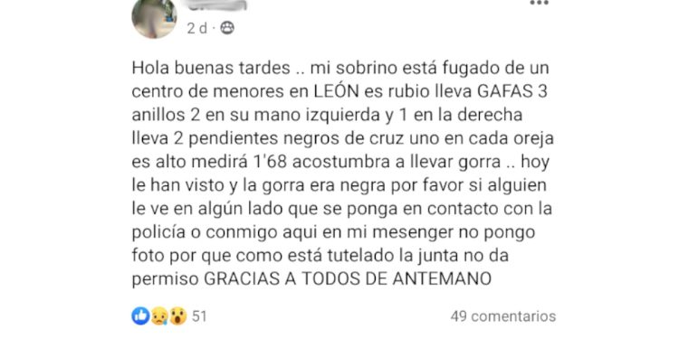 La familia de un menor fugado pide ayuda para localizarlo