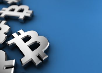 Bitcoin 3d illustration concept with silver Bitcoin symbols over blue background