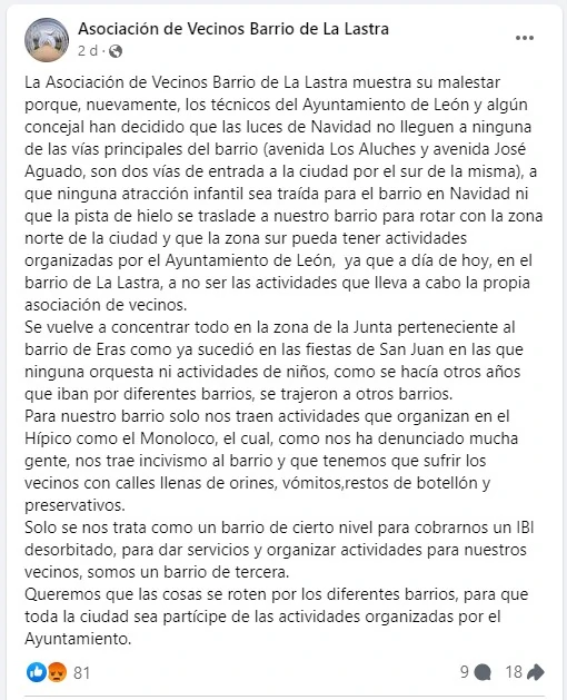 Mensaje de La Asociación de Vecinos del Barrio de La Lastra 