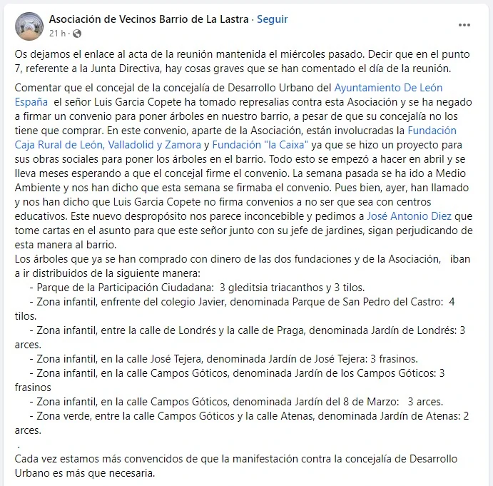 Comunicado de la Asociación de Vecinos Barrio de La Lastra