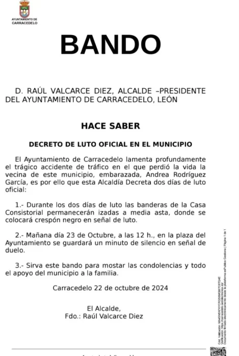 Carracedelo declara 2 días de luto por el fallecimiento de la leonesa embarazada en la Rioja 1